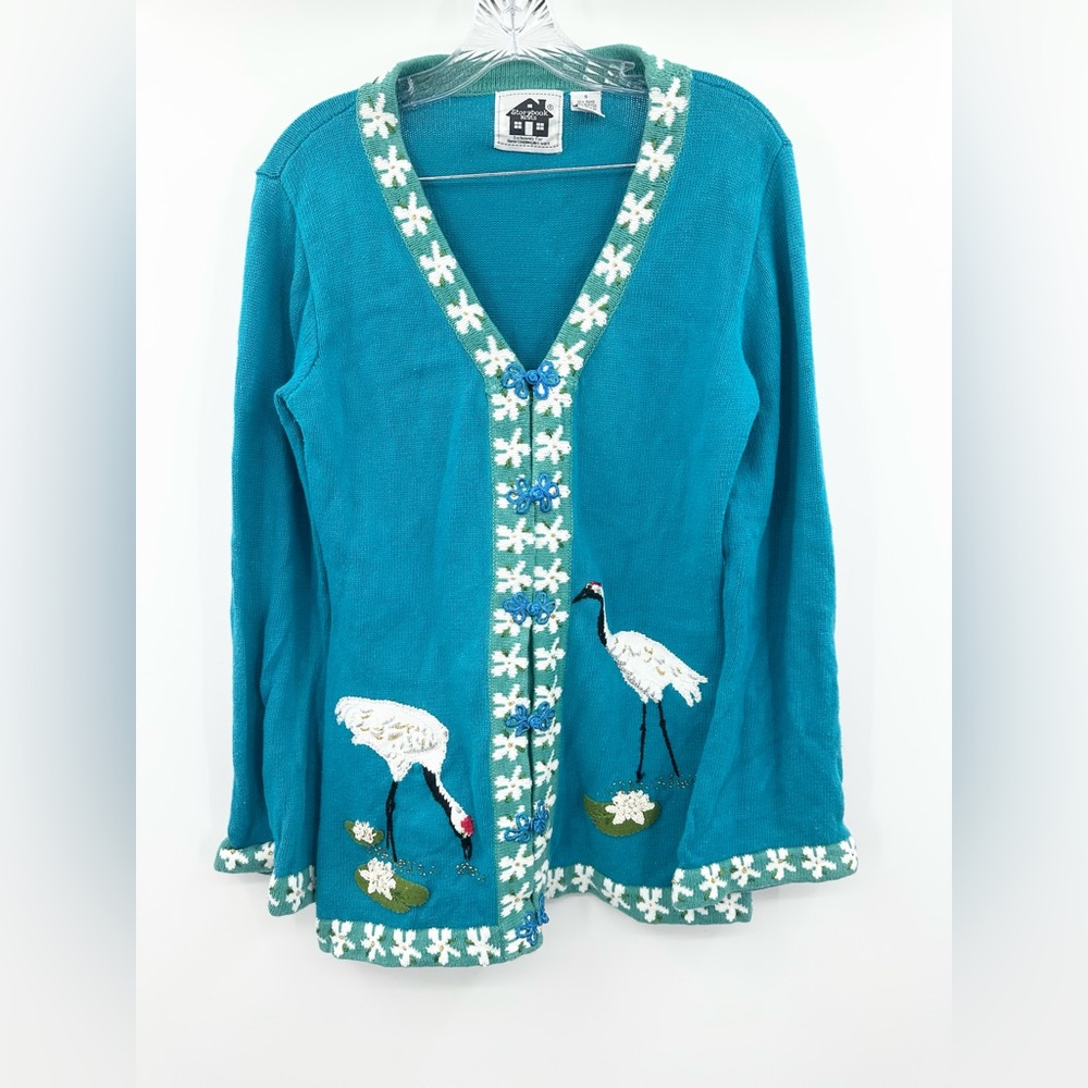 Storybook Knits Magical Cranes Lilypad Blue Vintage Women's Sweater Size Small‎